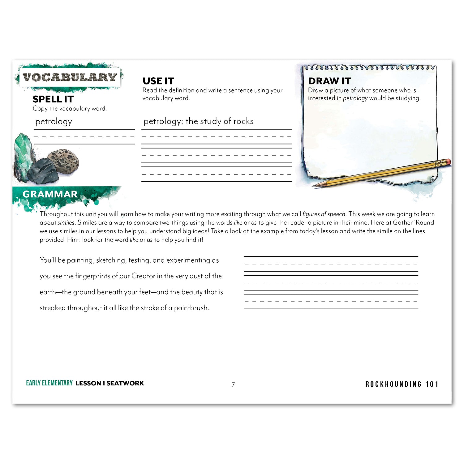 Rocks + Minerals homeschool unit study digital student seatwork journal in manuscript for Early Elementary worksheet