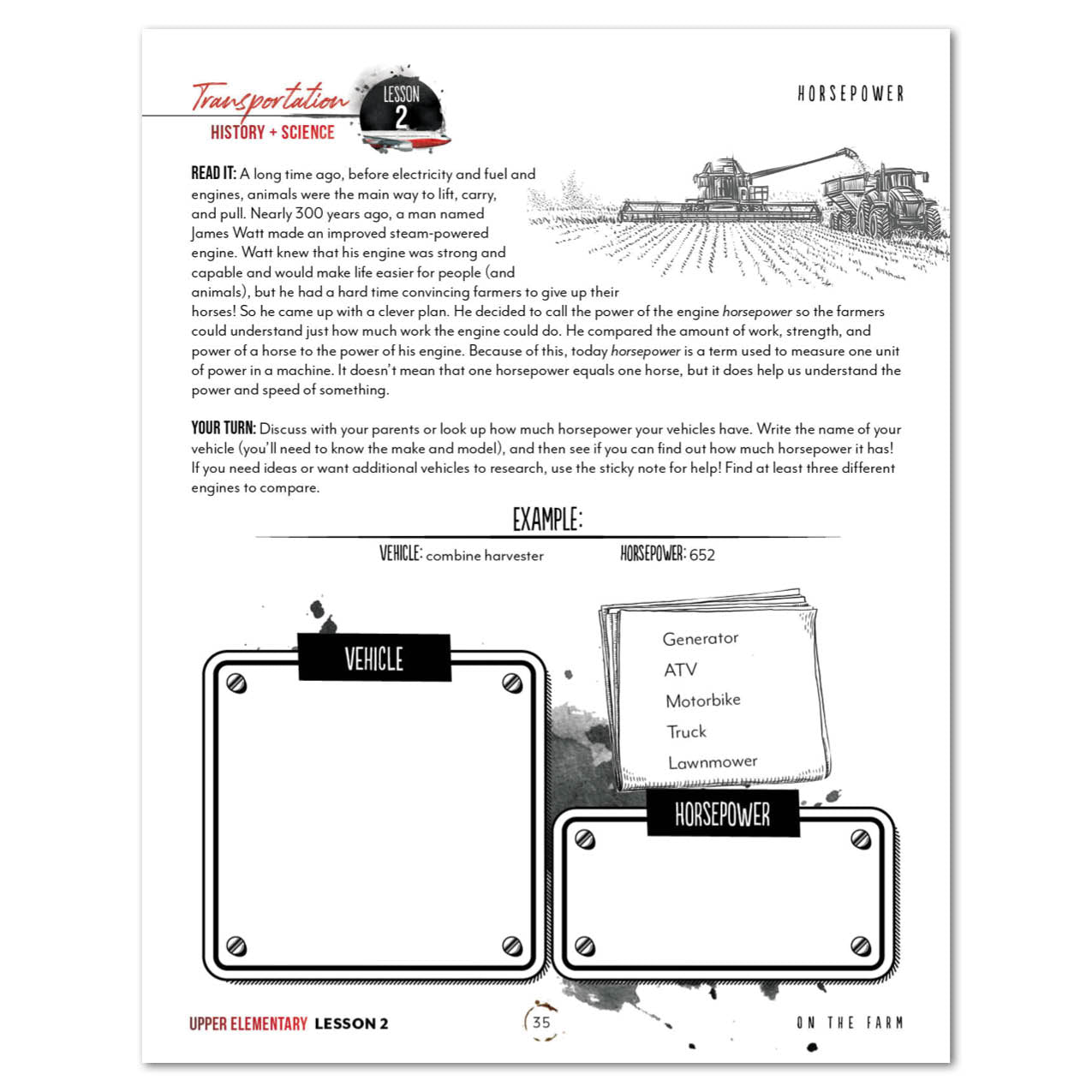 Transportation Homeschool Unit Study Digital Upper Elementary Student Book Lesson 2 Horsepower