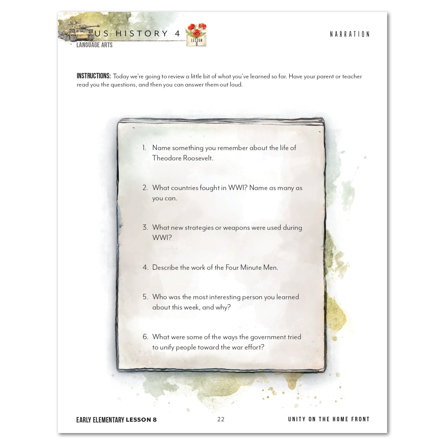 US History 4: War & Reformation: 1900-1945 Homeschool Unit Study Digital Early Elementary Student Book Lesson 8 Narration