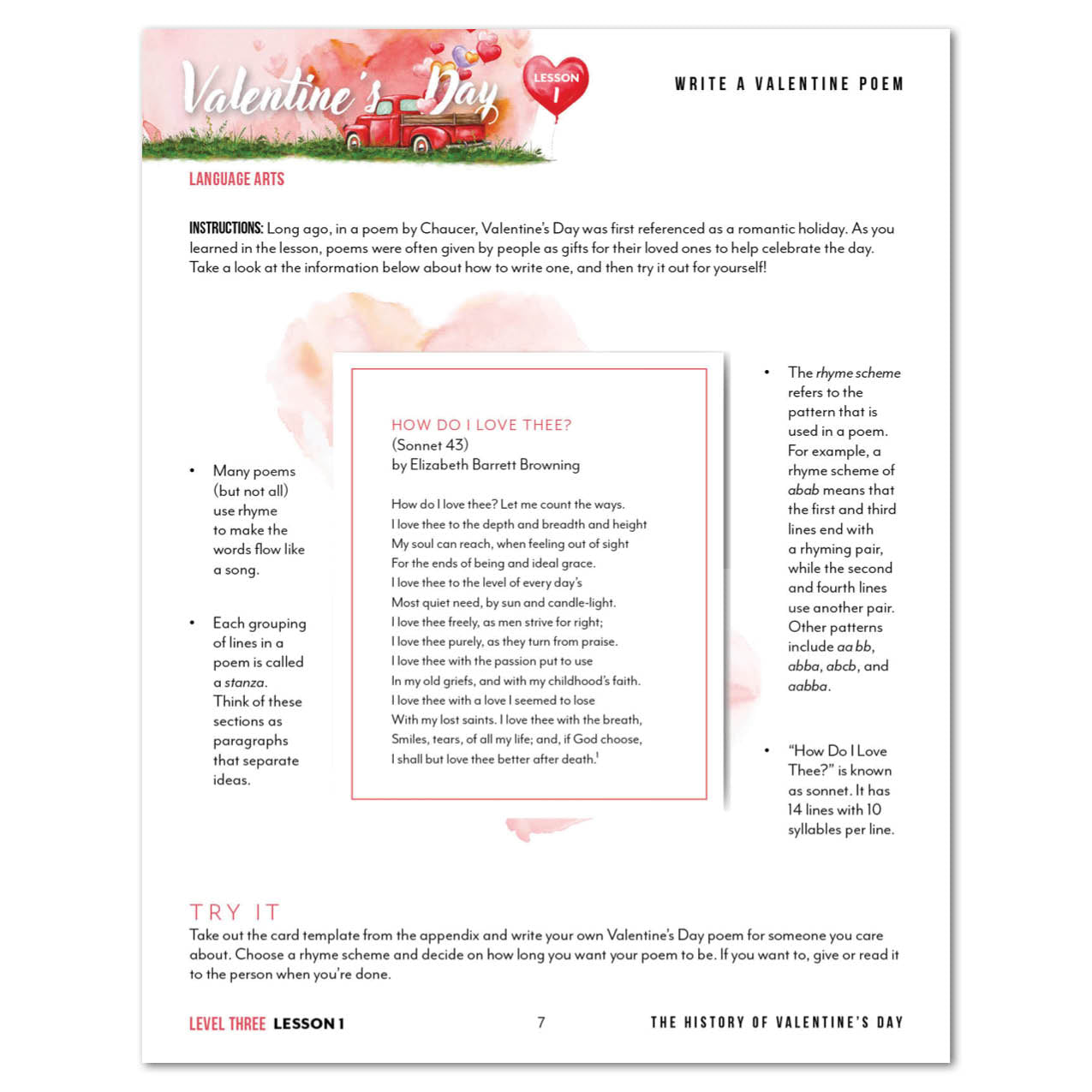 Valentine's Day Homeschool Unit Study Digital Download Level 3 Student Pack Lesson 1 Write A Valentine Poem