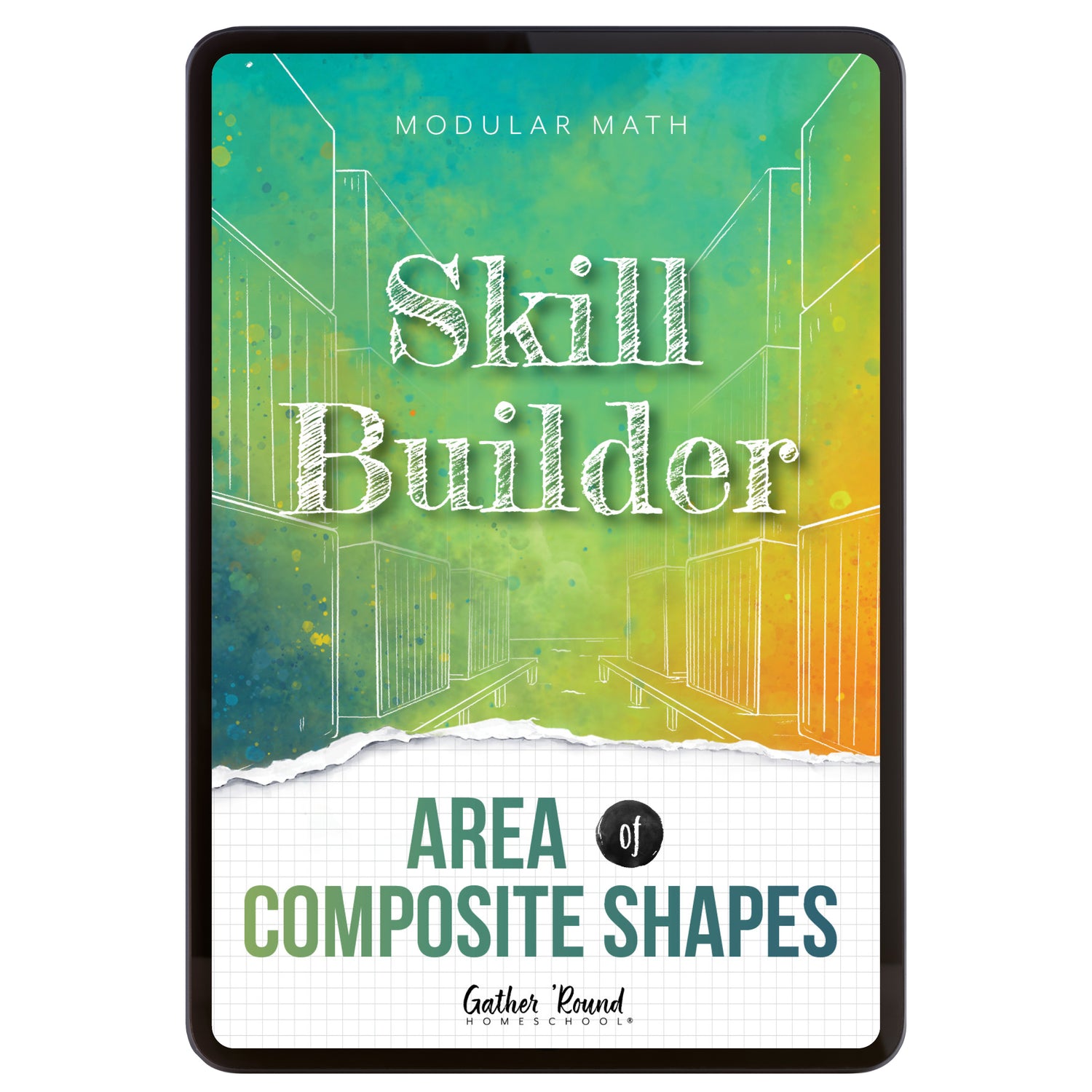 Digital book cover of 'Skill Builder: Area of Composite Shapes' with geometric design and text on a colorful background.