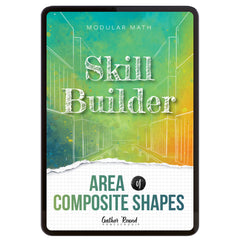 Digital book cover of 'Skill Builder: Area of Composite Shapes' with geometric design and text on a colorful background.