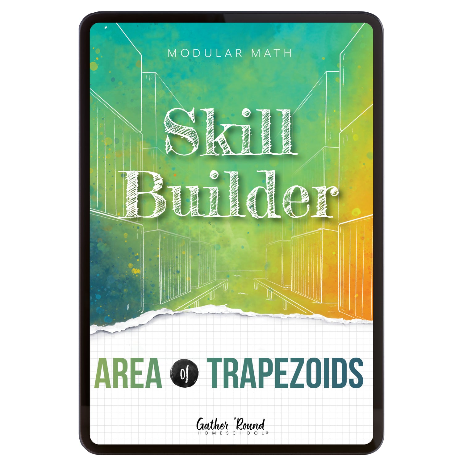Digital book cover of 'Skill Builder: Area of Trapezoids' with geometric design and text on a colorful background.