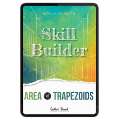 Digital book cover of 'Skill Builder: Area of Trapezoids' with geometric design and text on a colorful background.