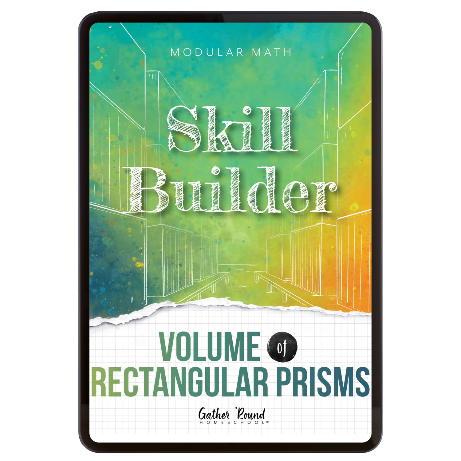 Digital book cover of 'Skill Builder: Volume of Rectangular Prisms' with geometric design and text on a colorful background.