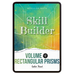 Digital book cover of 'Skill Builder: Volume of Rectangular Prisms' with geometric design and text on a colorful background.