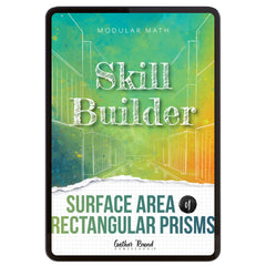Digital book cover of 'Skill Builder: Surface Area of Rectangular Prisms' with geometric design and text on a colorful background.