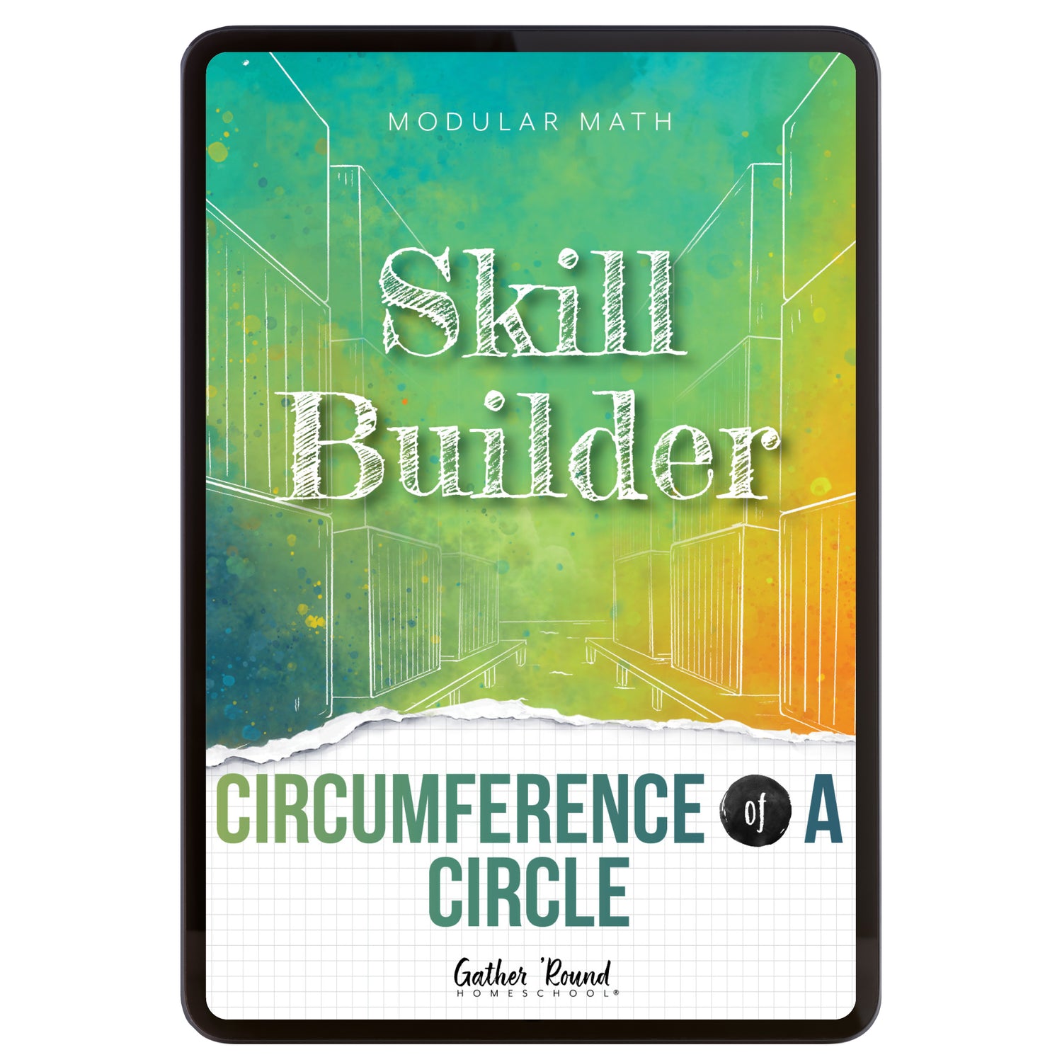 Digital book cover of 'Skill Builder: Circumference of a Circle' with geometric design and text on a colorful background.