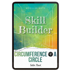 Digital book cover of 'Skill Builder: Circumference of a Circle' with geometric design and text on a colorful background.