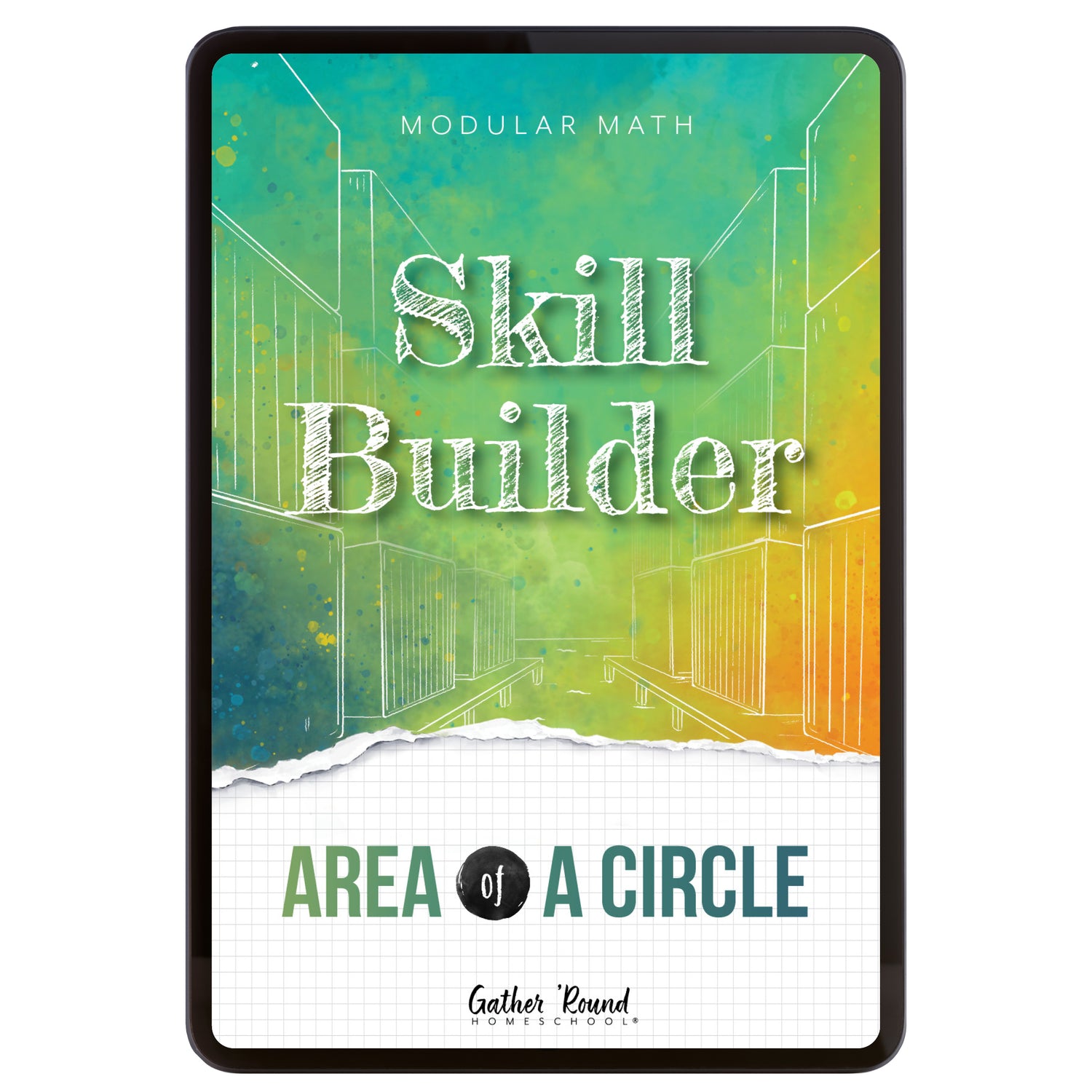 Digital book cover of 'Skill Builder: Area of a Circle' with geometric design and text on a colorful background.