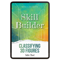 Digital book cover of 'Skill Builder: Classifying 3D Figures' with geometric design and text on a colorful background.