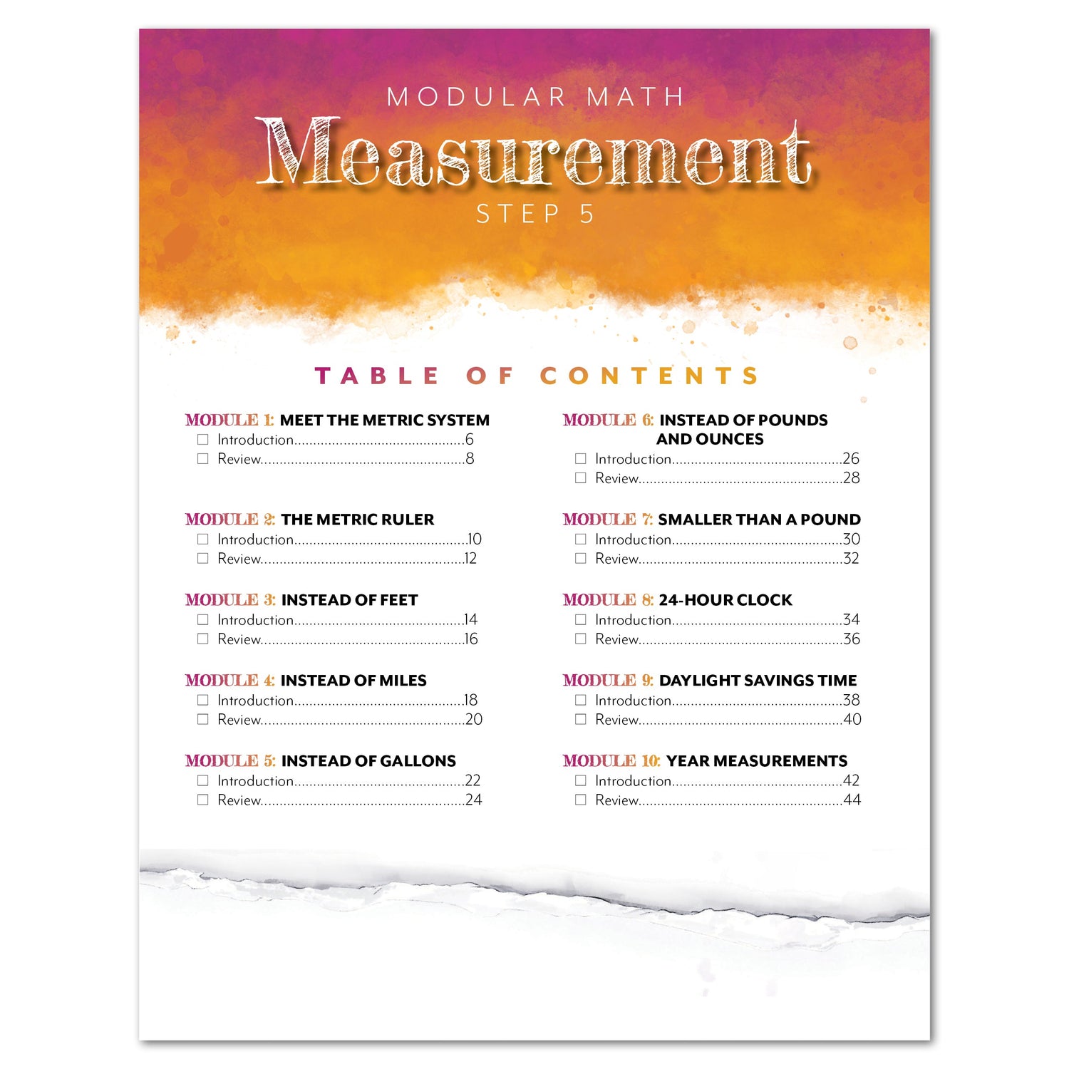 Measurement Step 5 modular math homeschool printed book table of contents