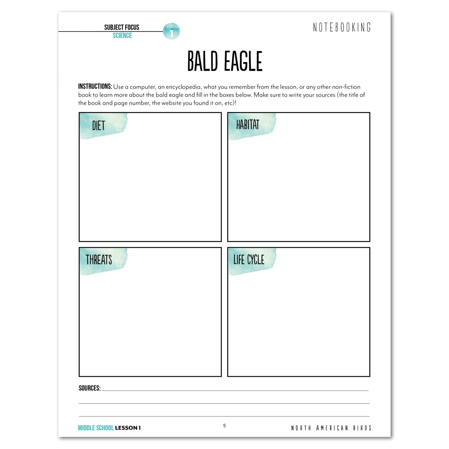 North America Birds part 1 homeschool unit study digital student workbook Middle School  with Teacher's Guide lesson one