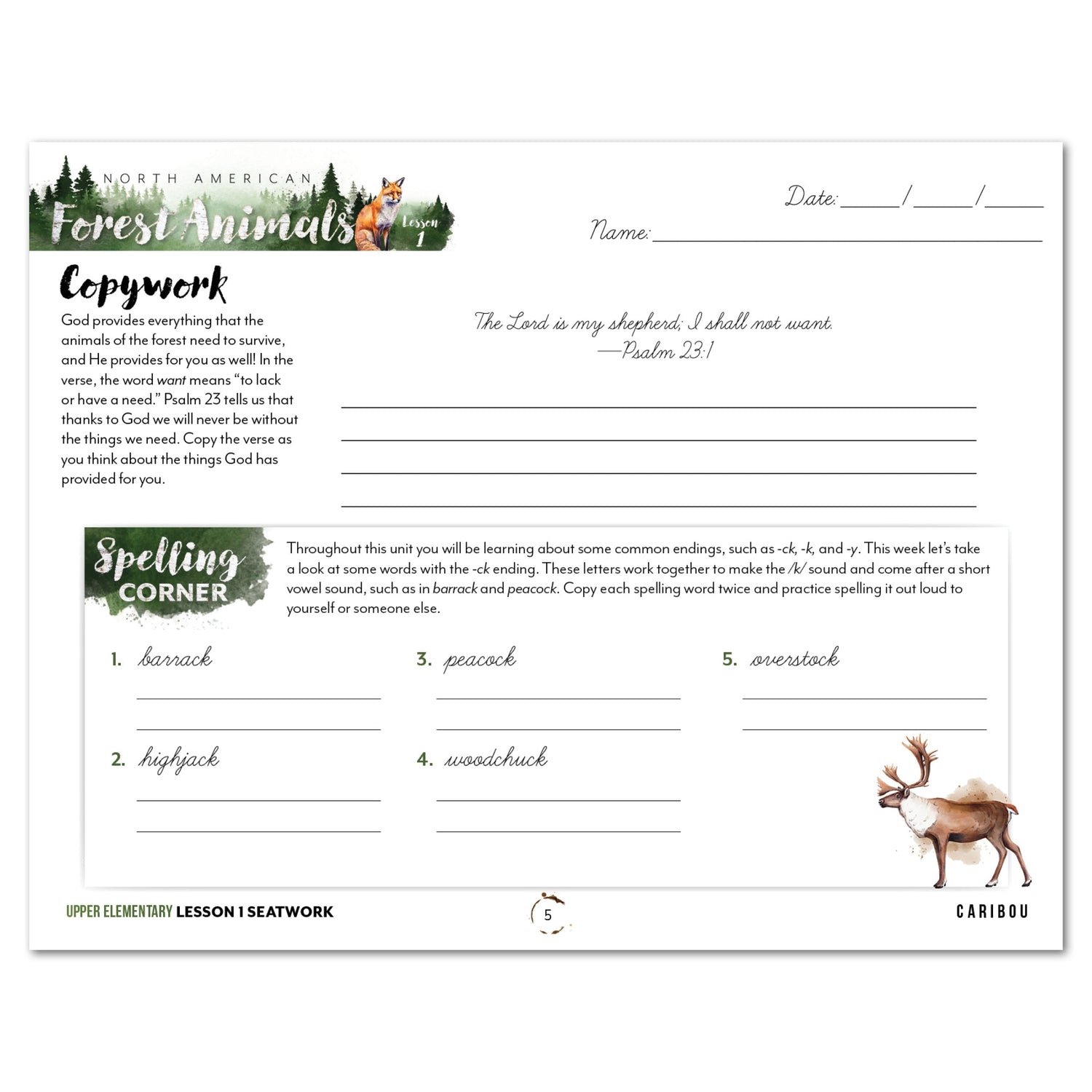 North American Forest Animals homeschool unit study digital student seatwork journal in cursive for upper elementary lesson one