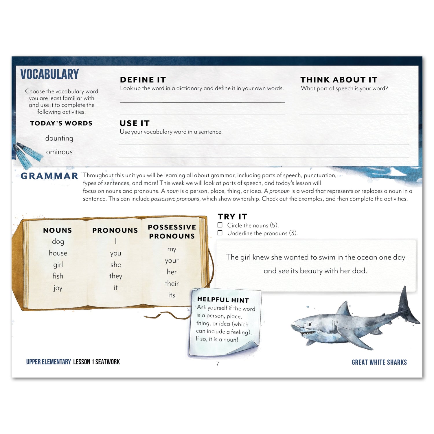 Ocean Life homeschool unit study digital seatwork journal in manuscript for upper elementary lesson one worksheet