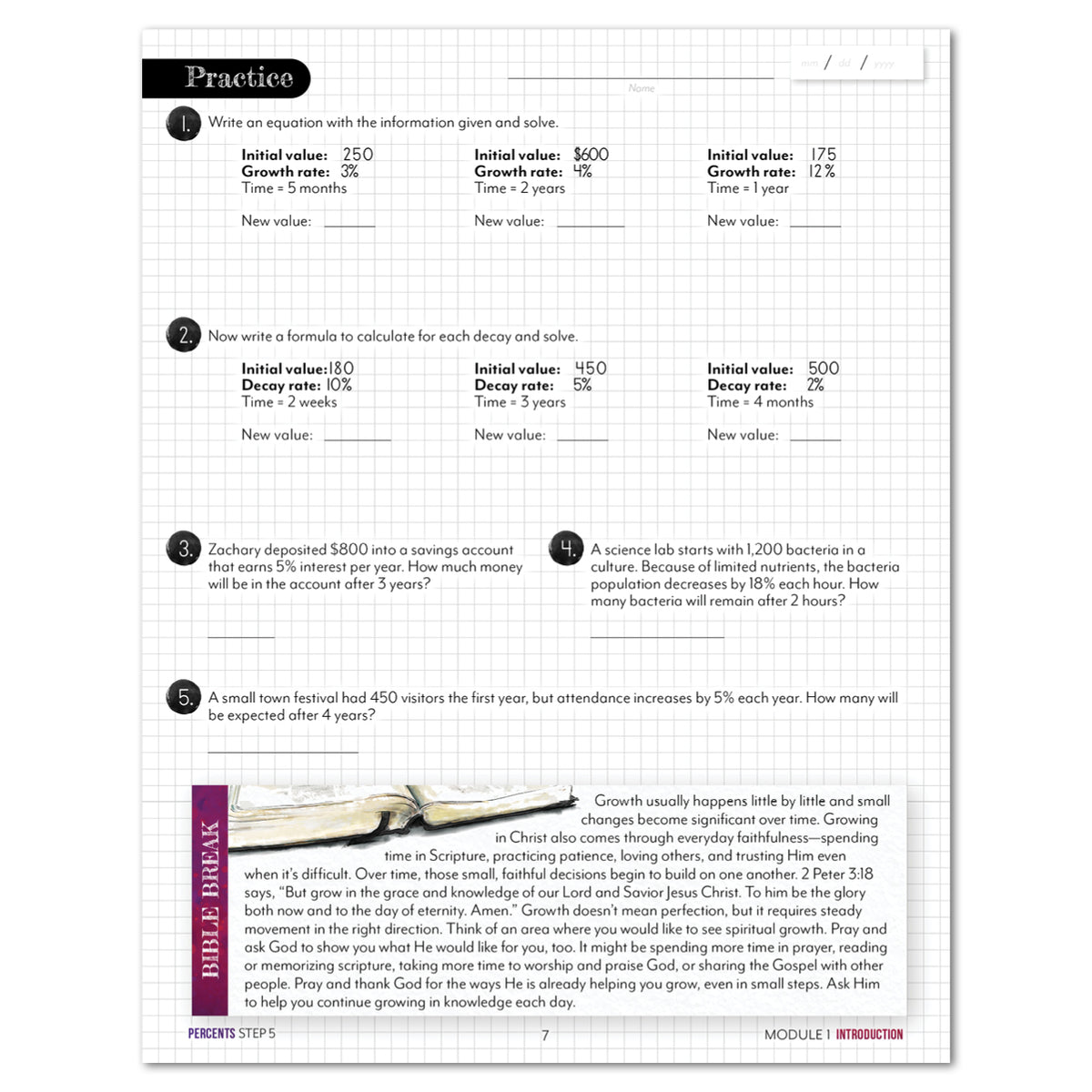 A printed worksheet page titled 'Practice' with a grid background, showing exponential growth and decay problems, plus a Bibel Break section. 