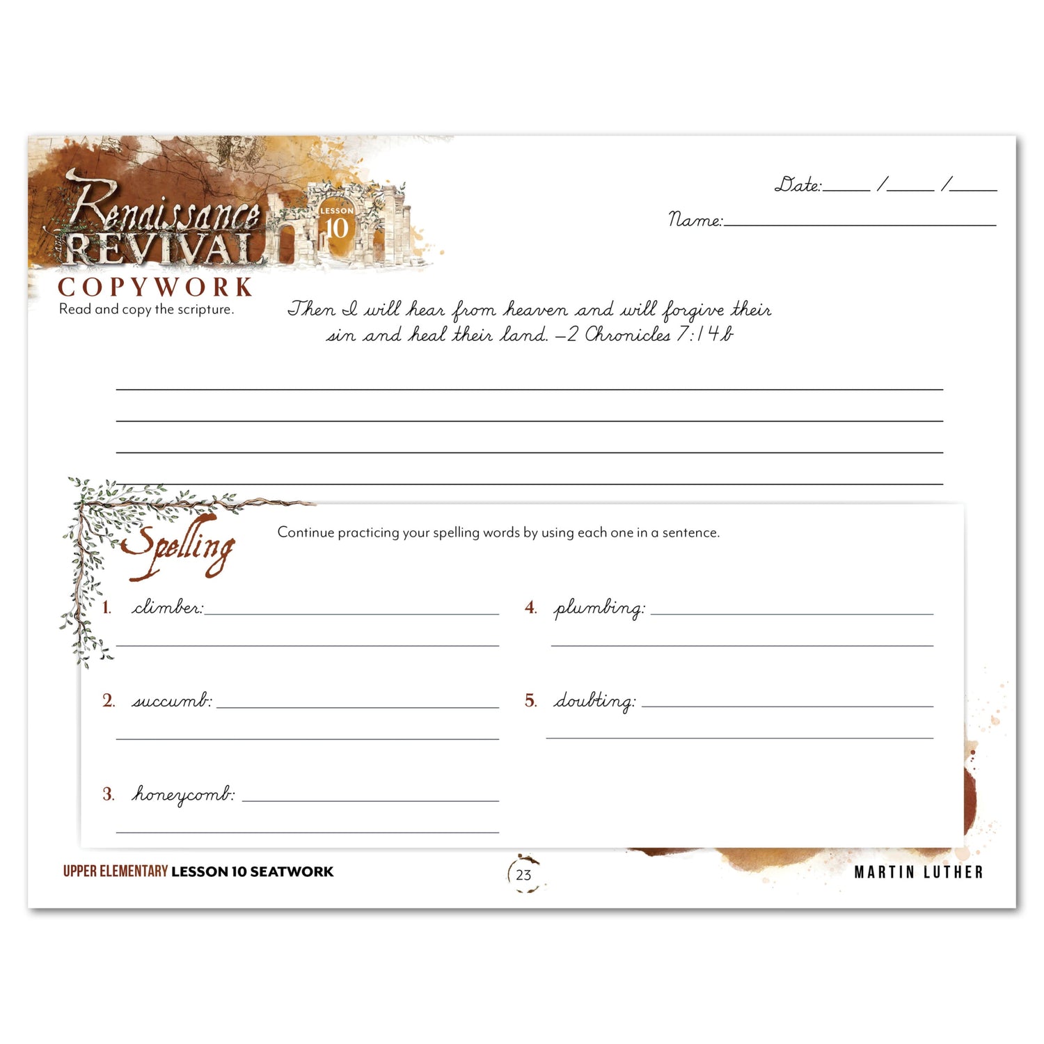 Renaissance and Revival Homeschool Unit Study Digital Seatwork Journal Cursive Upper Elementary Lesson 10 Copywork and Spelling
