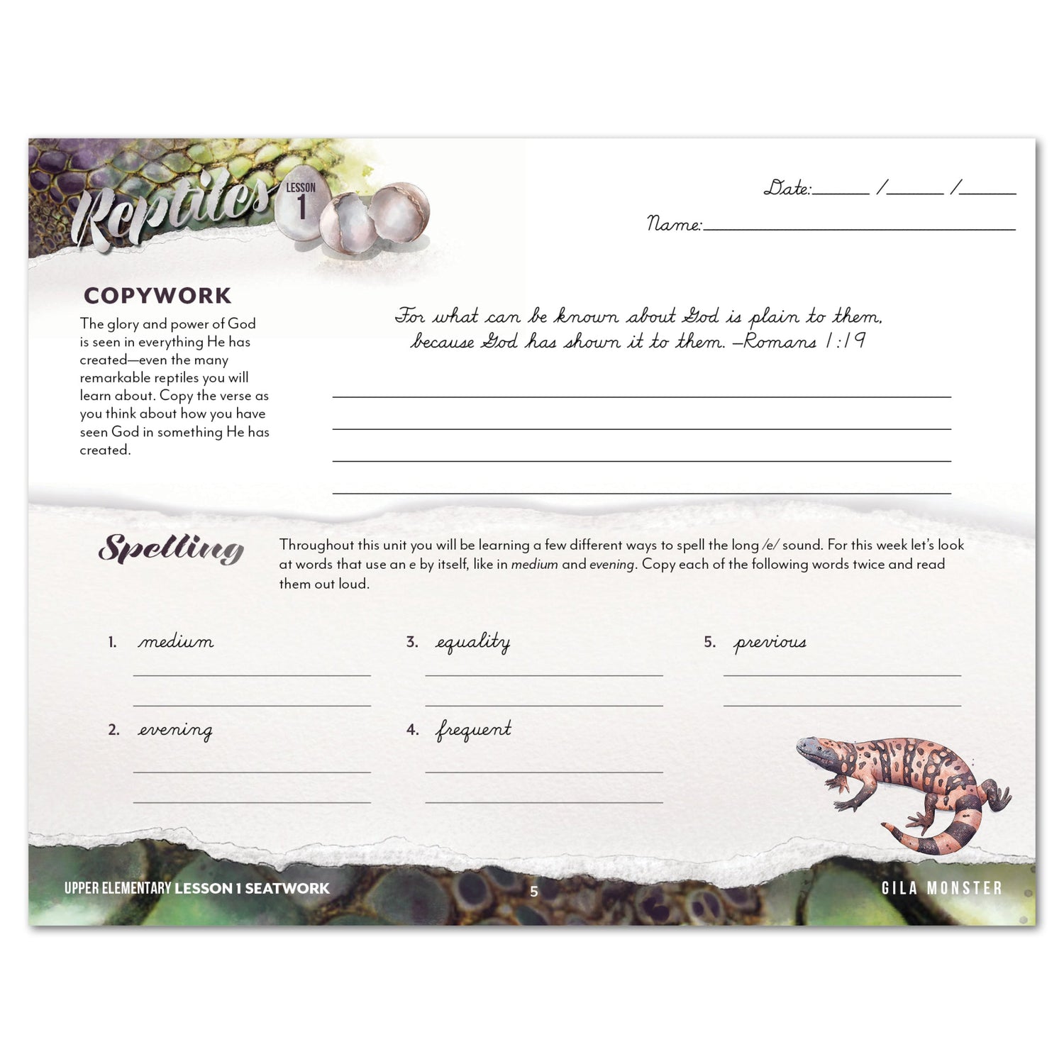 Reptiles homeschool unit study digital student seatwork journal in cursive for Upper Elementary worksheet