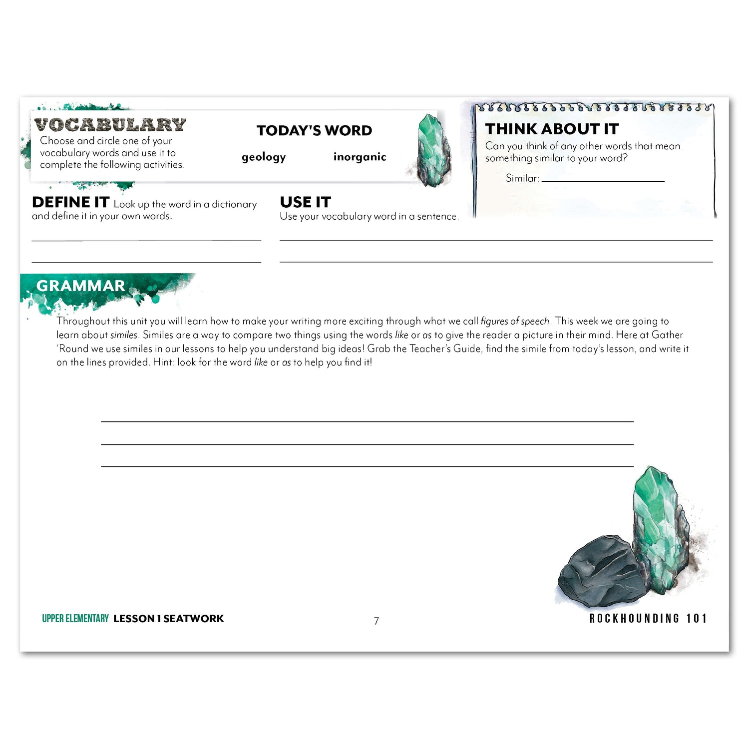Rocks + Minerals homeschool unit study digital student seatwork journal in manuscript for Upper Elementary worksheet