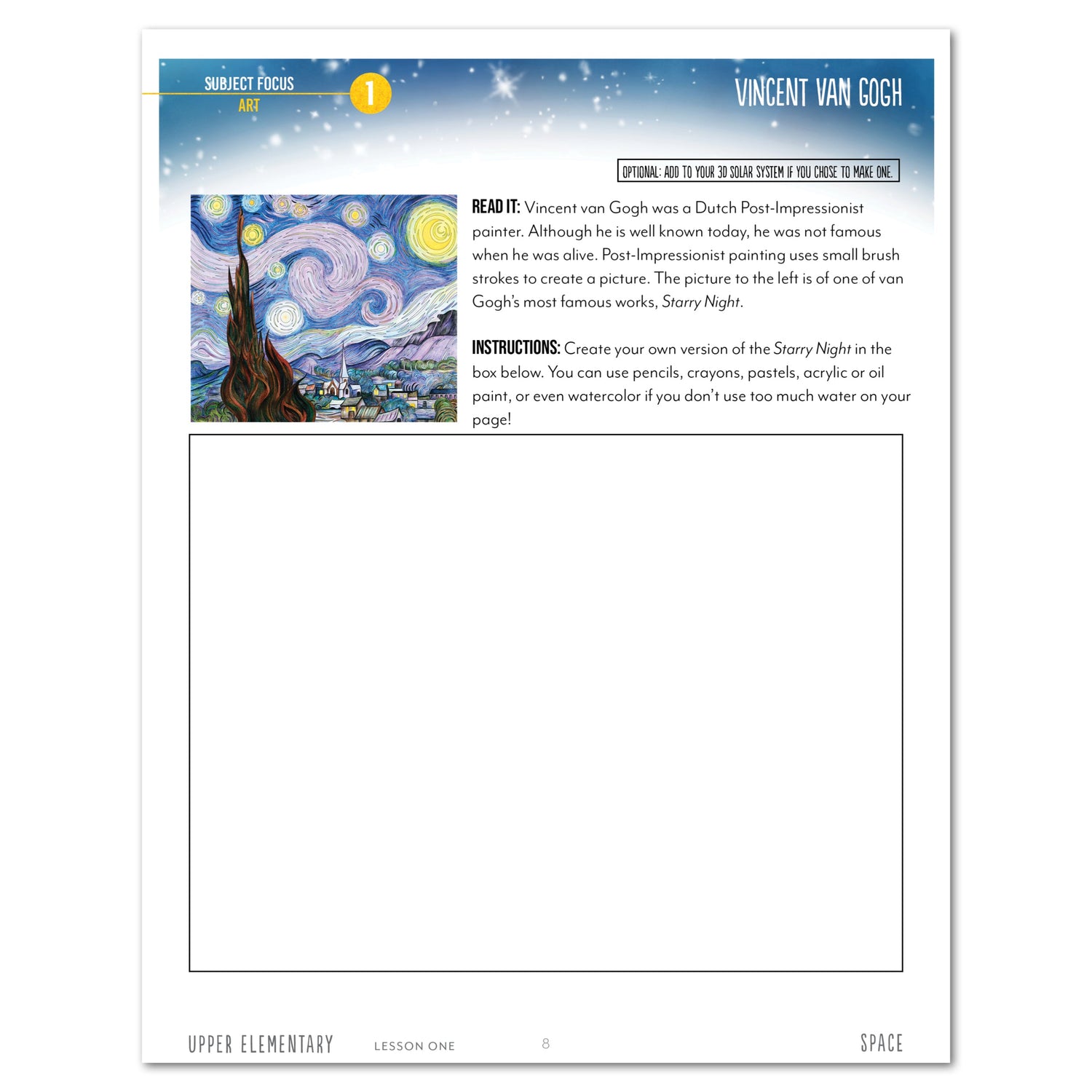 Space homeschool unit study digital student workbook in Upper Elementary with Teacher's Guide bundle Vincent Van Gogh