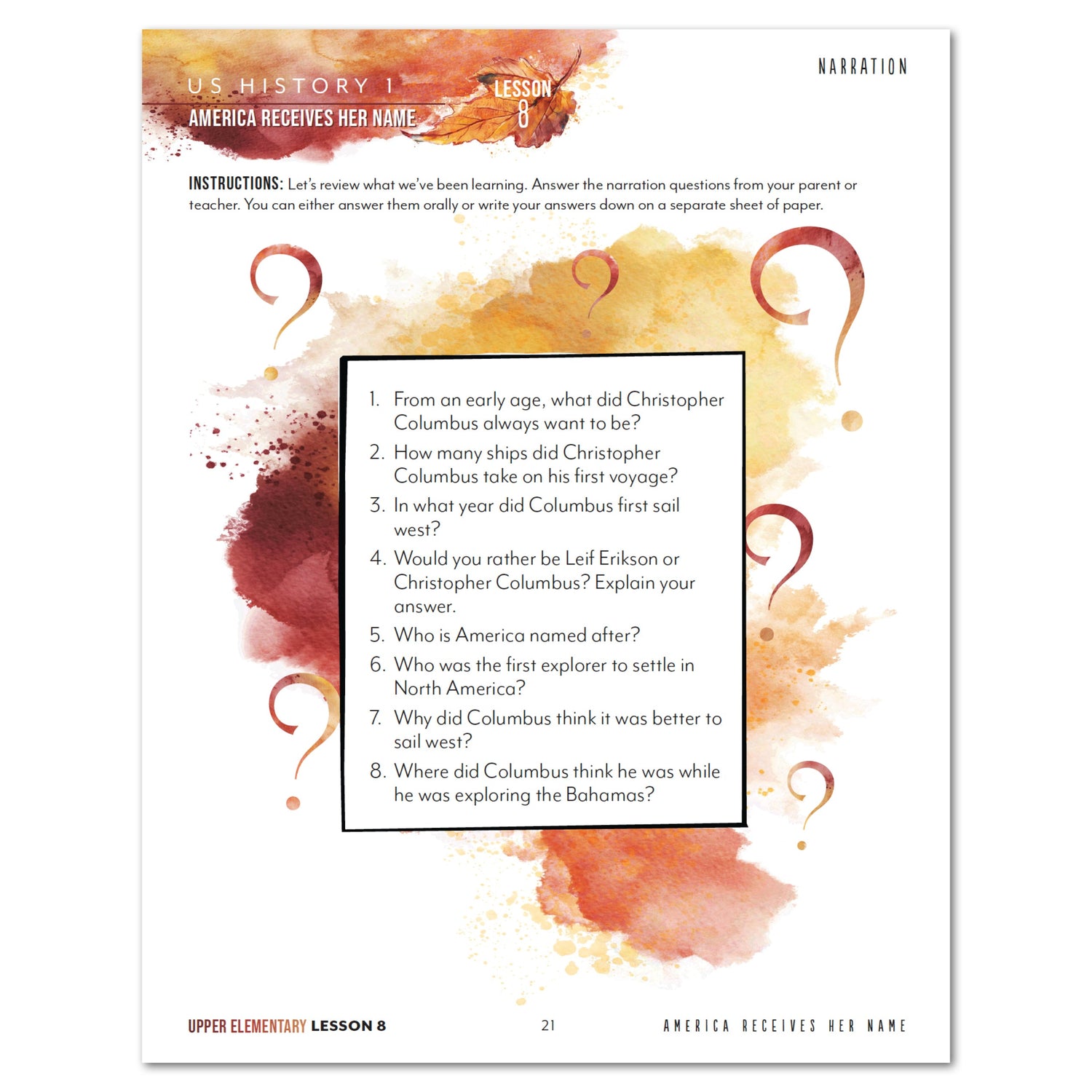 US History 1: A New World: Begining-1763 Homeschool Study Unit Digital Upper Elementary Student Book Lesson 8 Narration