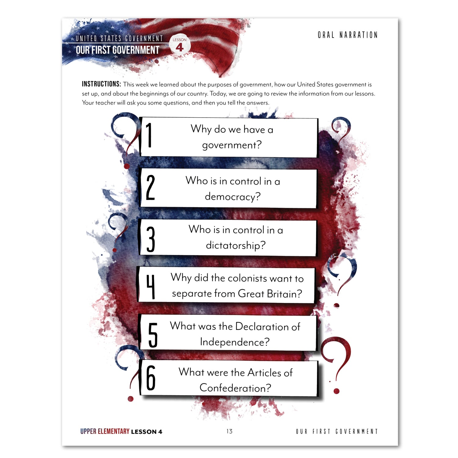 US Government Homeschool Study Unit Digital Upper Elementary Student Book Lesson 4 Oral Narration