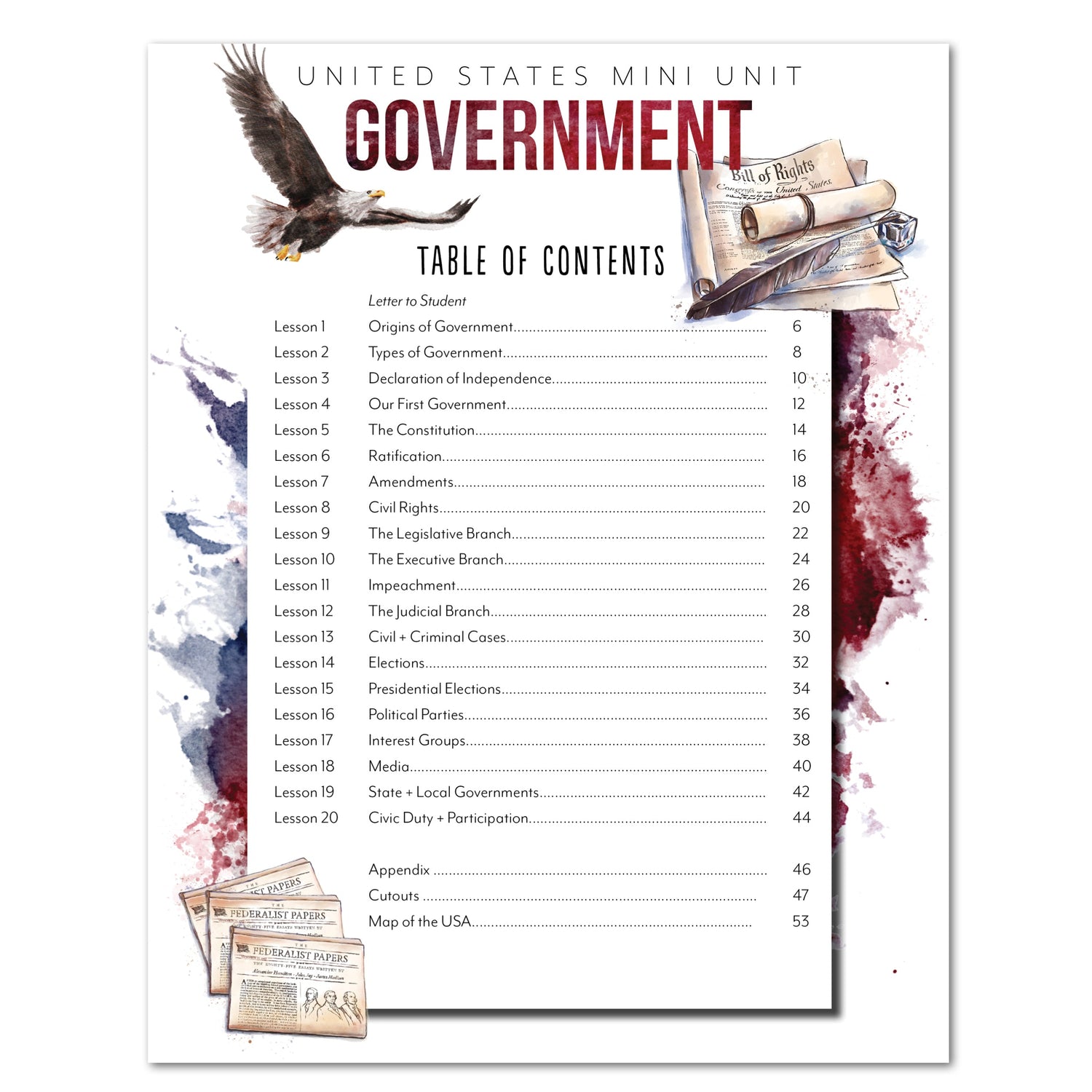 US Government Homeschool Study Unit Digital Upper Elementary Table of Contents