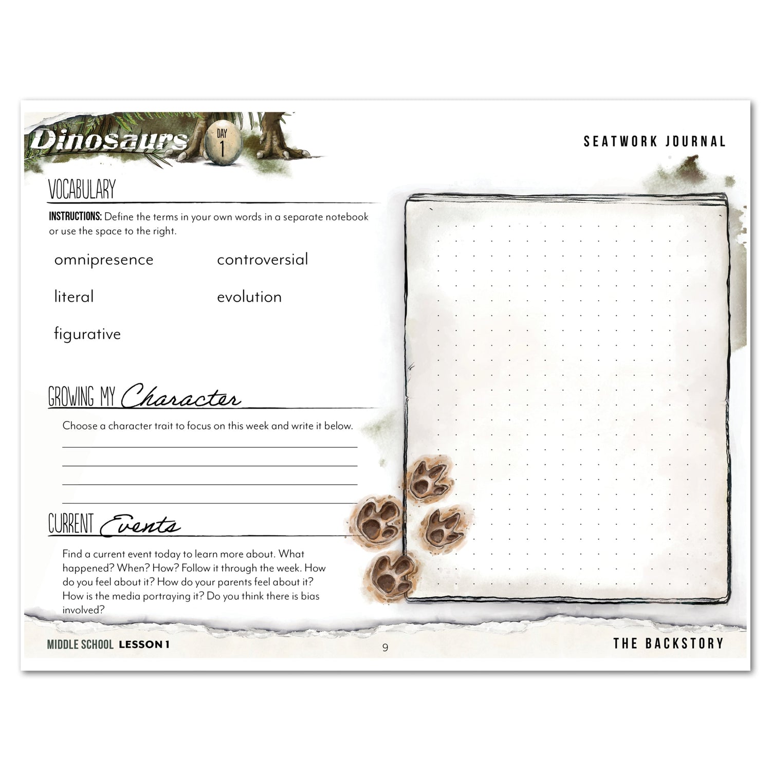 Dinosaurs Homeschool Unit Study Digital Seatwork Journal Manuscript Middle School Lesson 1 Vocabulary