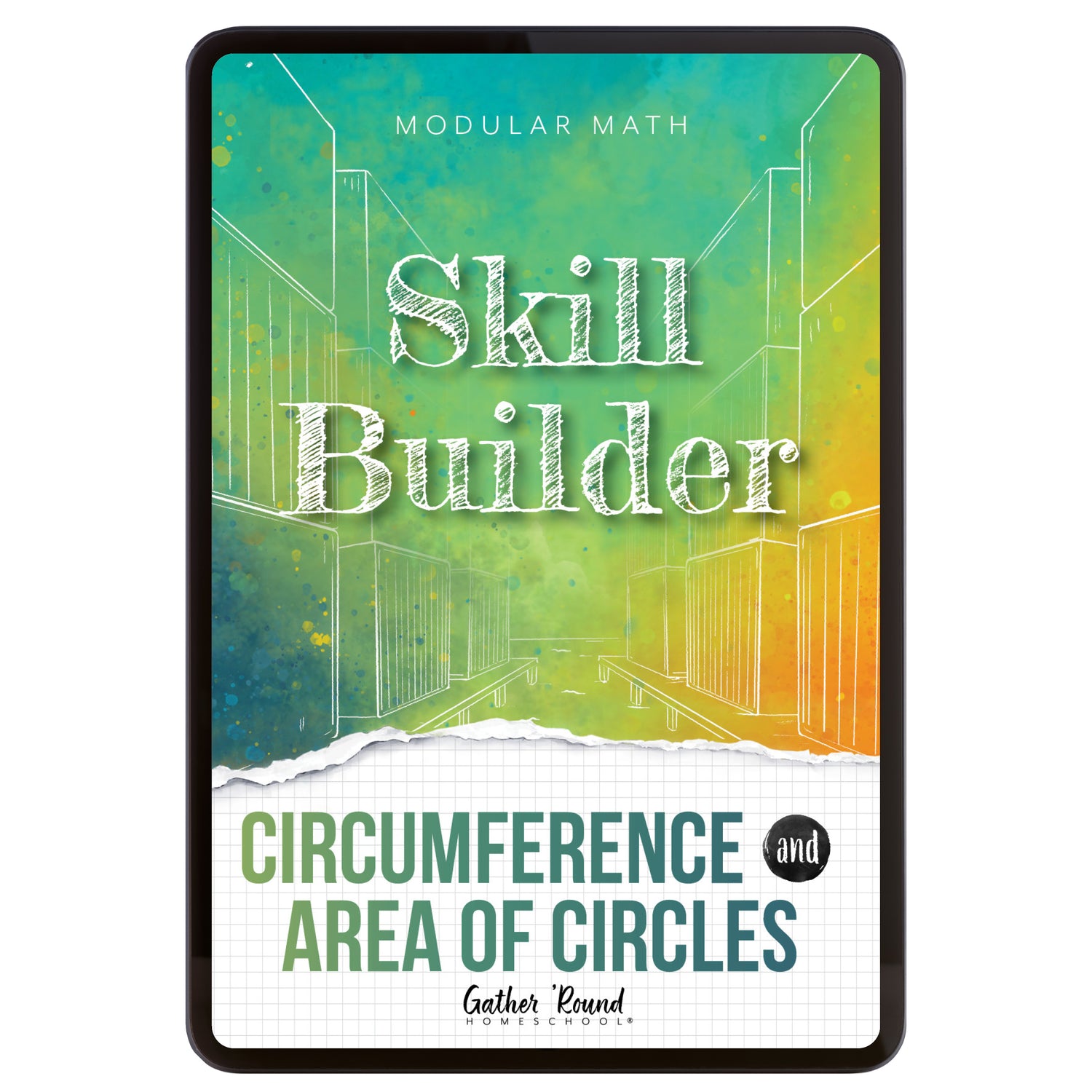 Digital book cover of 'Skill Builder: Circumference and Area of Circles' with geometric design and text on a colorful background.