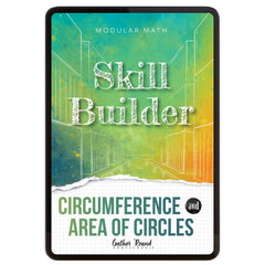 Digital book cover of 'Skill Builder: Circumference and Area of Circles' with geometric design and text on a colorful background.