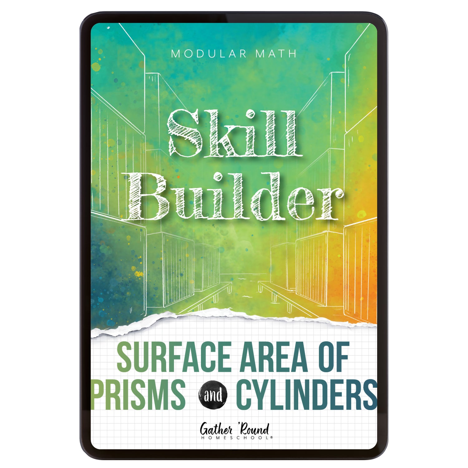 Digital book cover of 'Skill Builder: Surface Area of Prisms and Cylinders' with geometric design and text on a colorful background.