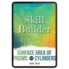 Digital book cover of 'Skill Builder: Surface Area of Prisms and Cylinders' with geometric design and text on a colorful background.