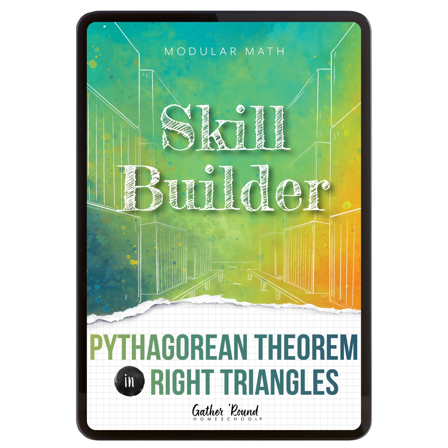 Digital book cover of 'Skill Builder: Pythagorean Theorem in Right Triangles' with geometric design and text on a colorful background.