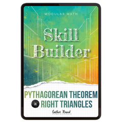 Digital book cover of 'Skill Builder: Pythagorean Theorem in Right Triangles' with geometric design and text on a colorful background.