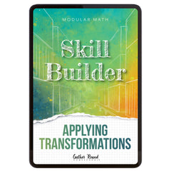 Digital book cover of 'Skill Builder: Applying Transformations' with geometric design and text on a colorful background.