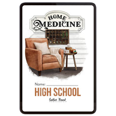 Digital cover for 'HOME MEDICINE High School' unit, features a brown armchair and small side table in the center. 
