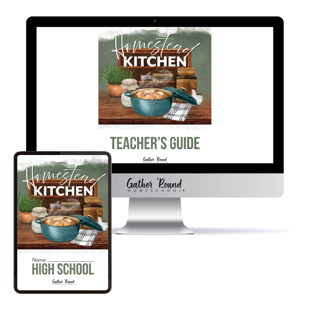 Digital product mockup showing a book cover titled 'Homesteading Kitchen' on a desktop monitor and tablet screen, with text reading 'Teacher's Guide' and 'High School' on a white background.