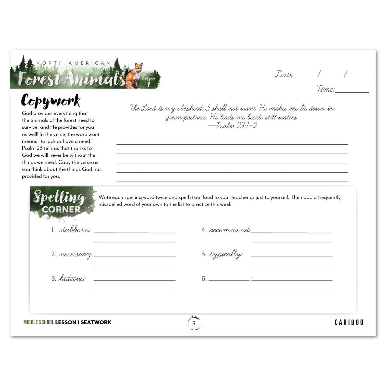 North American Forest Animals homeschool unit study digital student seatwork journal in cursive for middle school lesson one