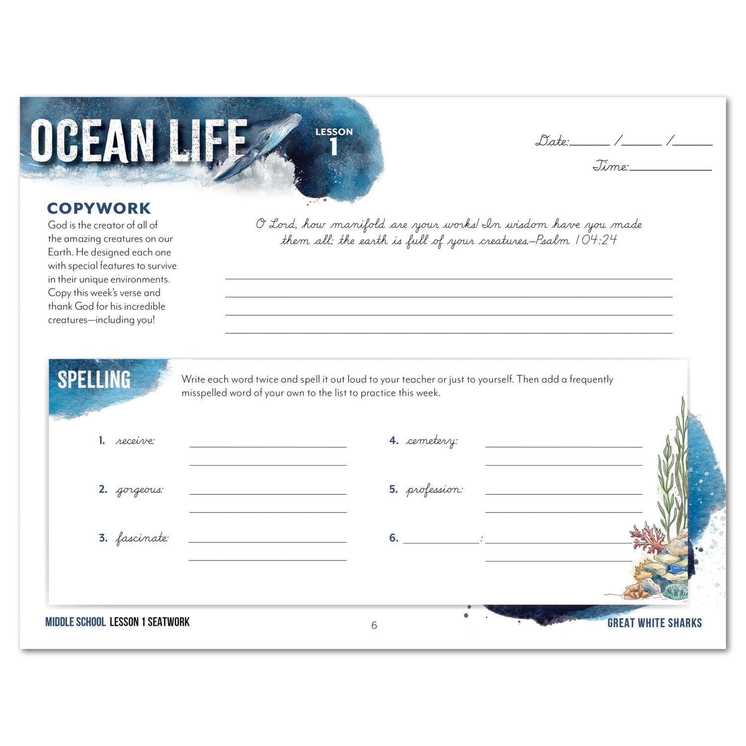 Ocean Life homeschool unit study digital seatwork journal in cursive for middle school lesson one worksheet
