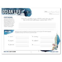 Ocean Life homeschool unit study digital seatwork journal in cursive for middle school lesson one worksheet