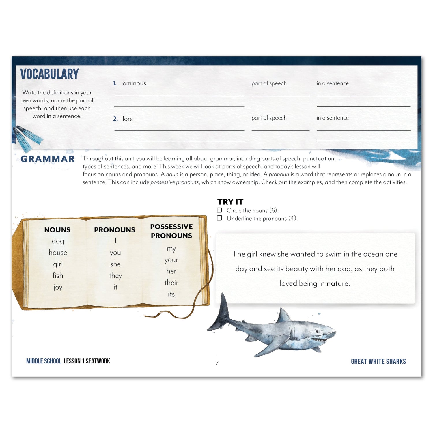 Ocean Life homeschool unit study digital seatwork journal in manuscript for middle school  lesson one worksheet