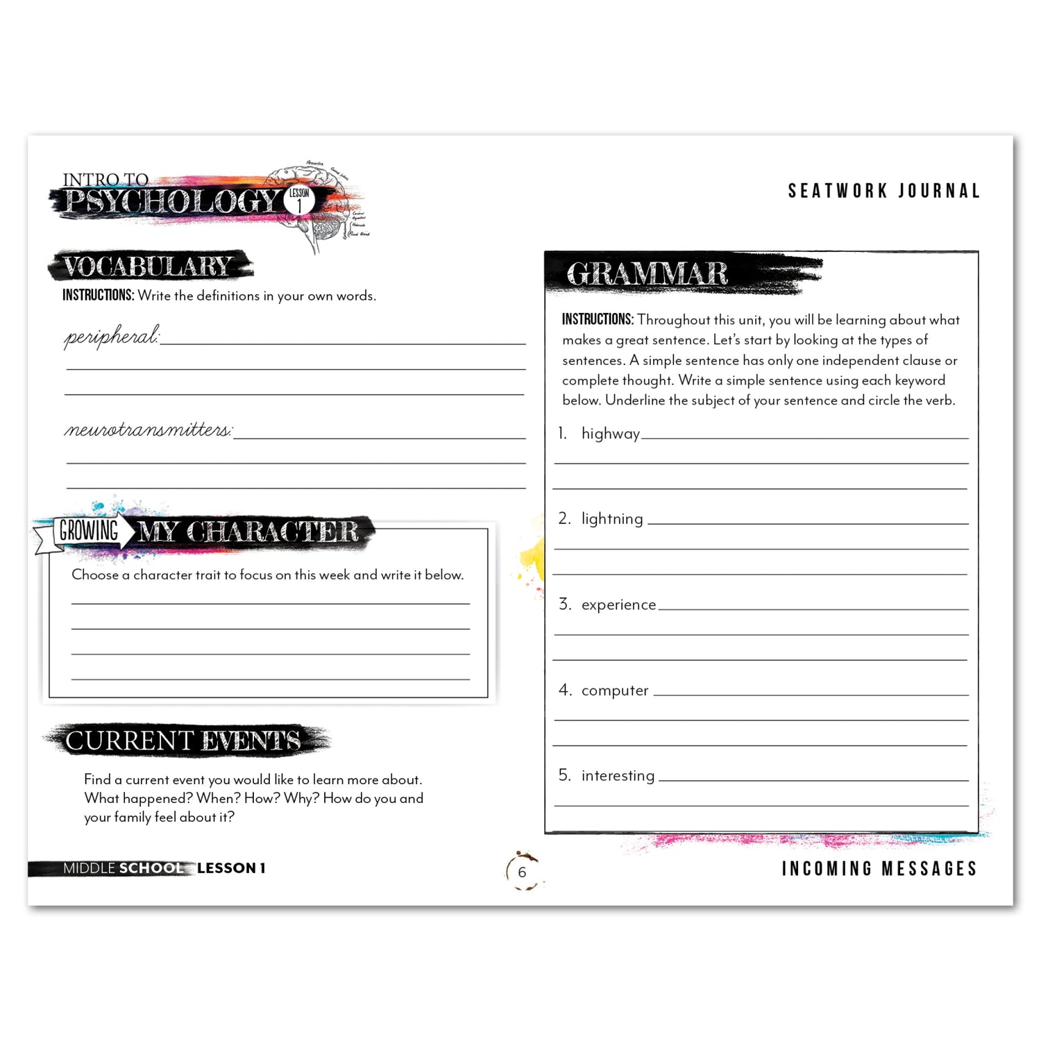 Psychology homeschool unit study digital student seatwork  journal cursive in middle school worksheet