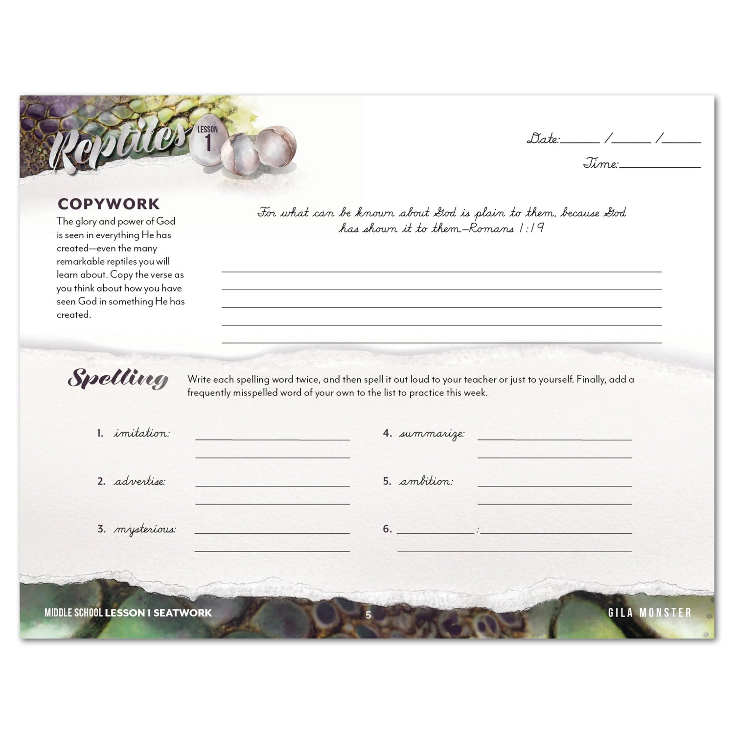 Reptiles homeschool unit study digital student seatwork journal in cursive for Middle School  worksheet 