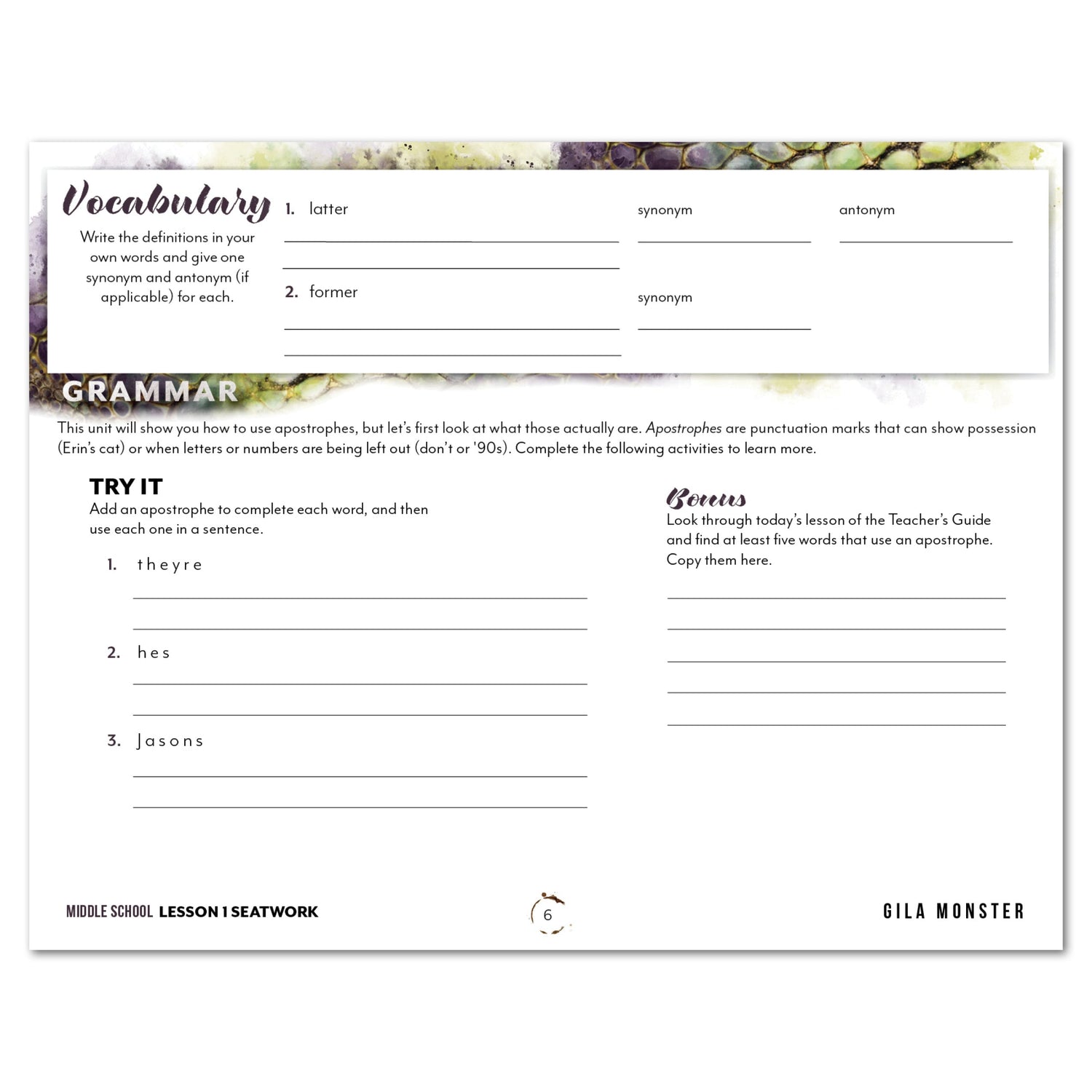 Reptiles homeschool unit study digital student seatwork journal in manuscript for Middle School worksheet