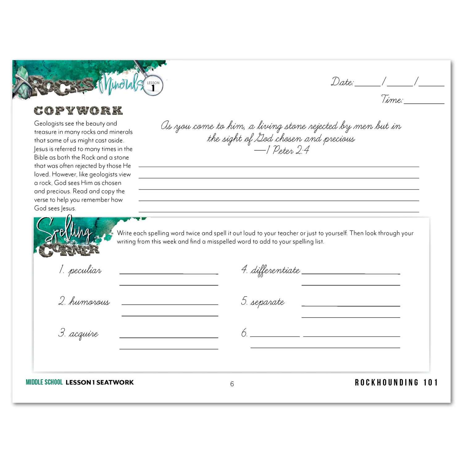 Rocks + Minerals homeschool unit study digital student seatwork journal in cursive for Middle School worksheet