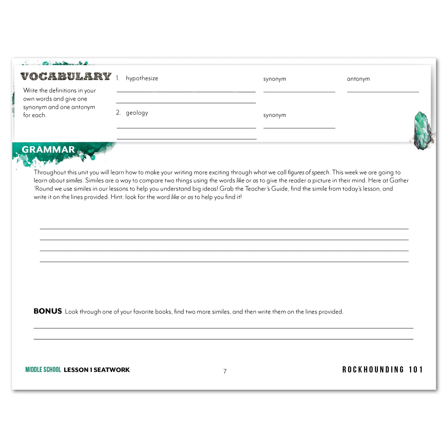Rocks + Minerals homeschool unit study digital student seatwork journal in mansucript for Middle School worksheet