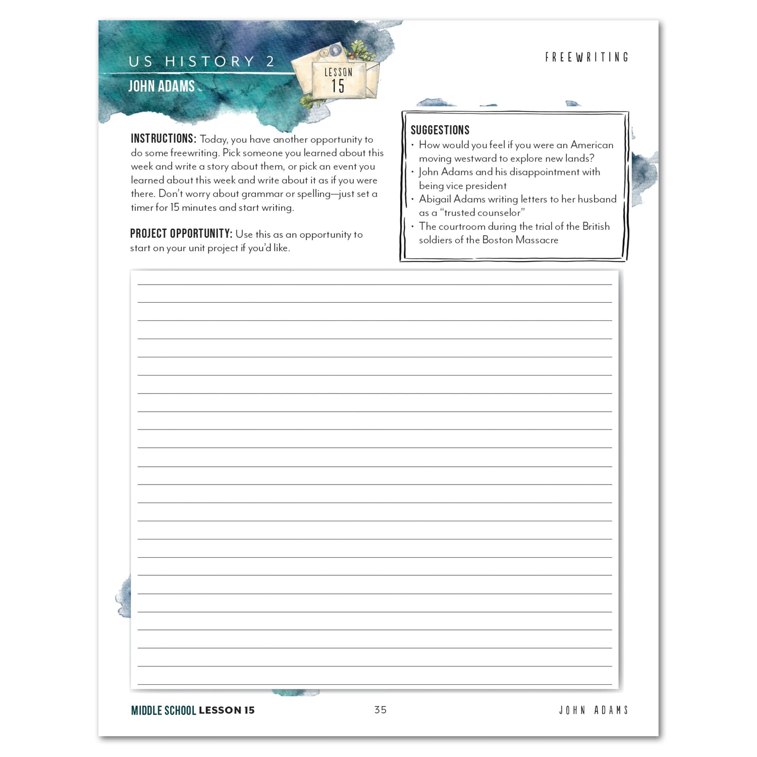 US History 2: Rise to Independence: 1763-1815 Homeschool Study Unit Digital Middle School Student Book Lesson 15 Freewriting