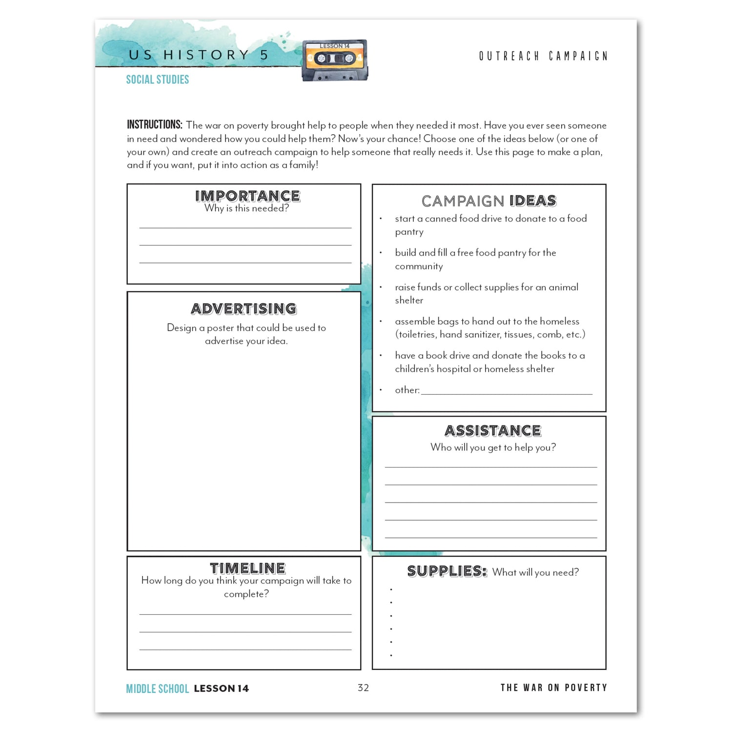 US History 5: A New Era: 1946-1975 Homeschool Unit Study Digital Middle School Student Book Lesson 14 Outreach Campaign