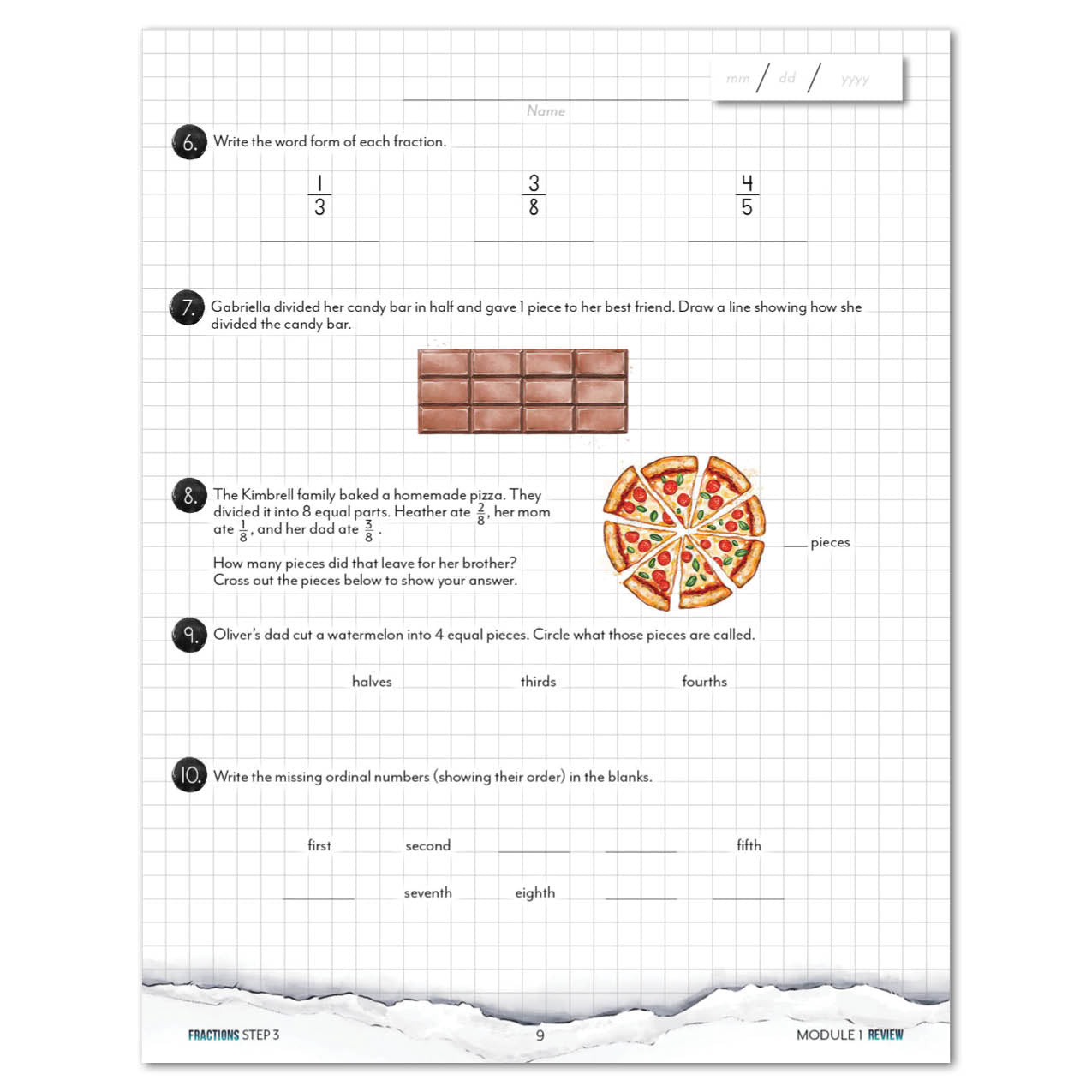 Fractions worksheet review page for Step 3