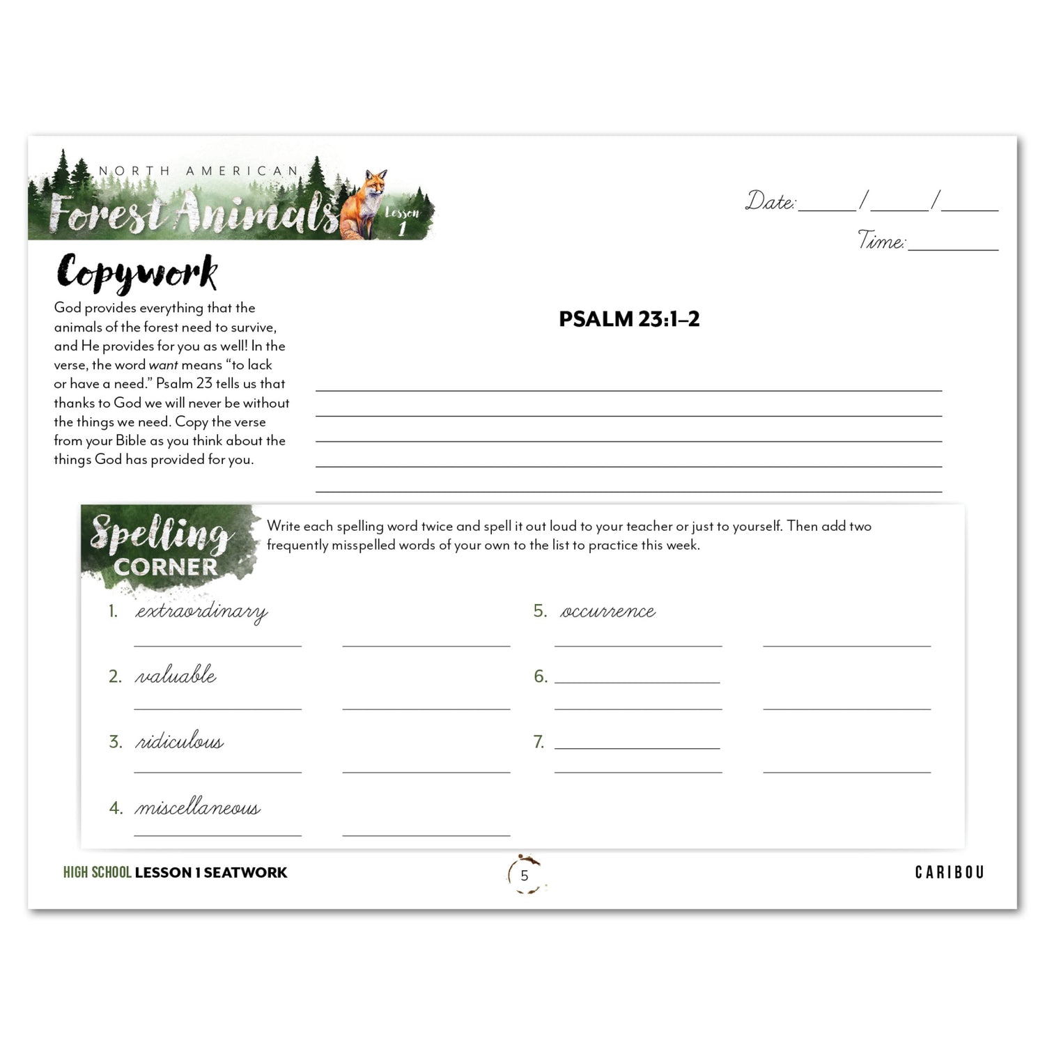 North American Forest Animals homeschool unit study digital student seatwork journal in cursive for high school lesson one